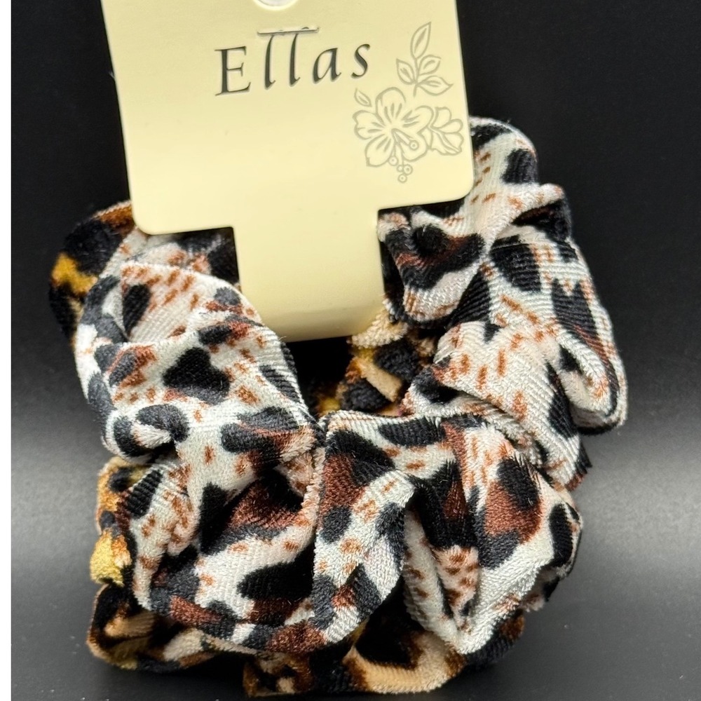 Ellas Leopard Print Velvet 2 Pack Scrunchie Hair Tie Brown Tan Black New